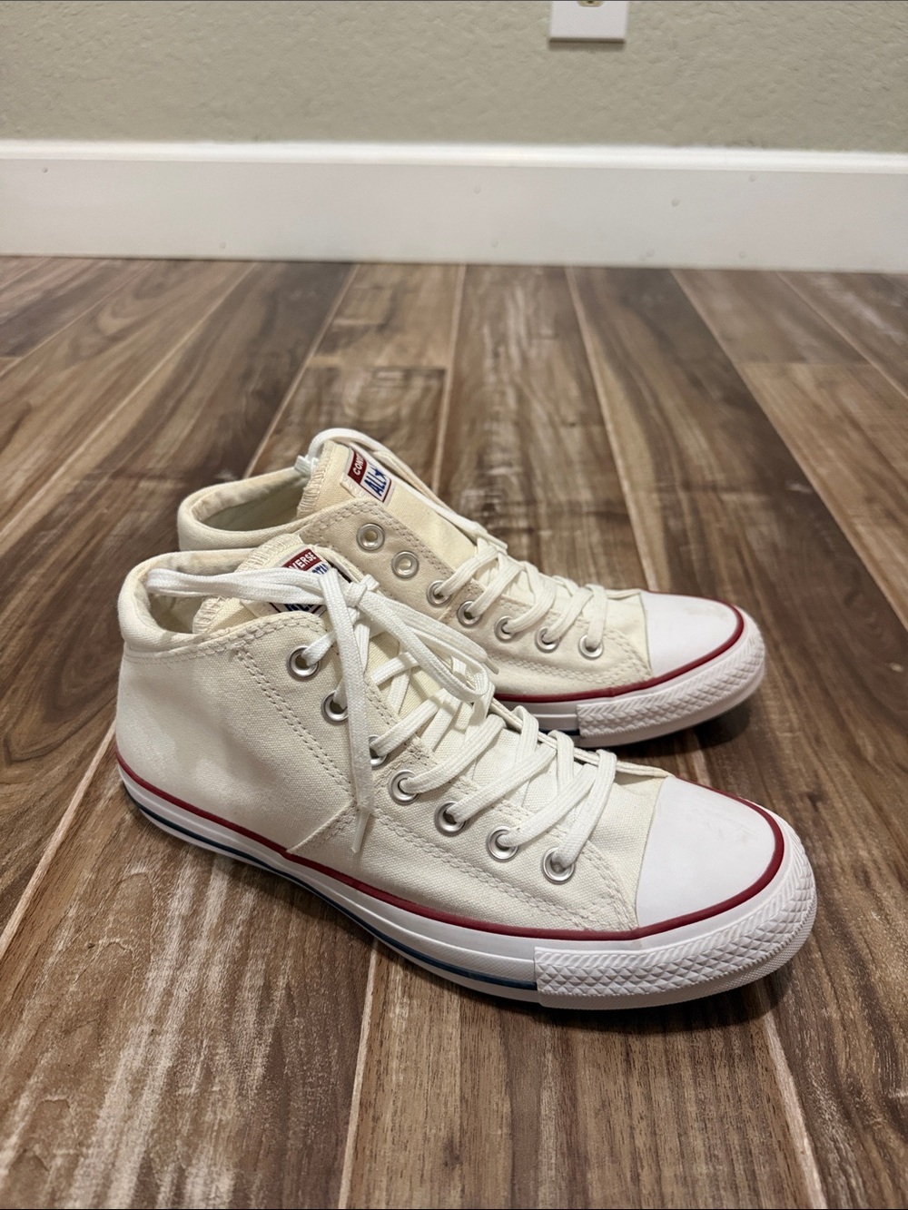 Converse High Top Sneakers in Cream with Red Stripe